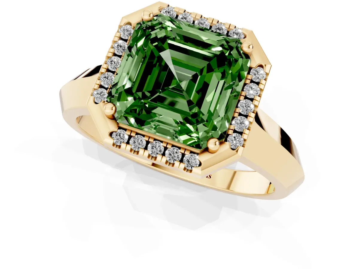 Fancy Green Asscher Cut Halo Diamond Ring with Cathedral Band and Four-Prong Setting Yellow gold
