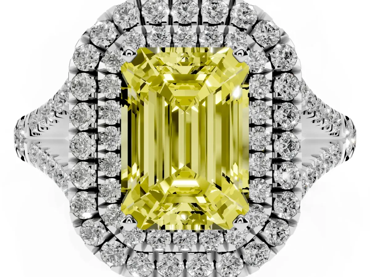 Fancy Yellow Emerald Cut Diamond Pavé Split Shank Double Halo Engagement Ring Platinum