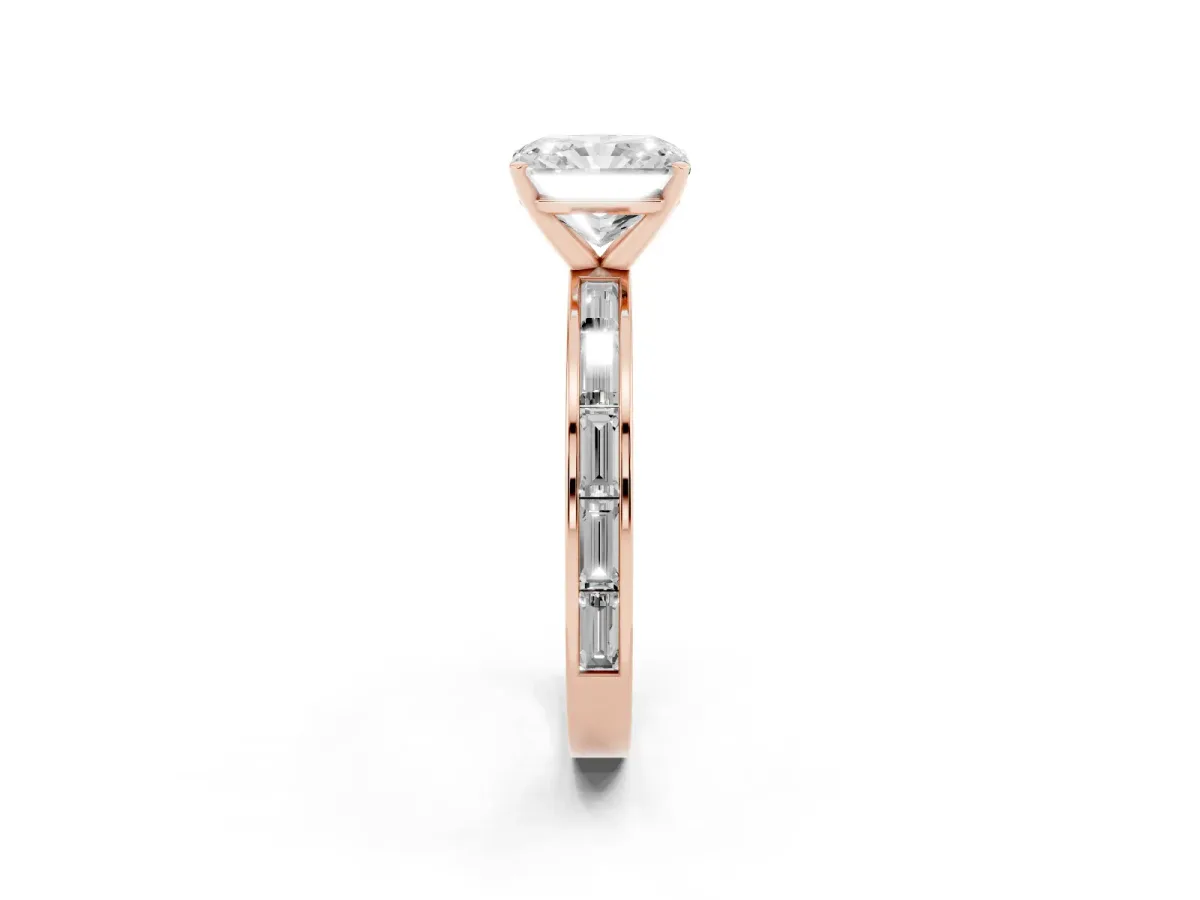 Radiant Cut Solitaire Diamond Ring with Channel-Set Baguette Band and Four-Prong Setting Rose gold