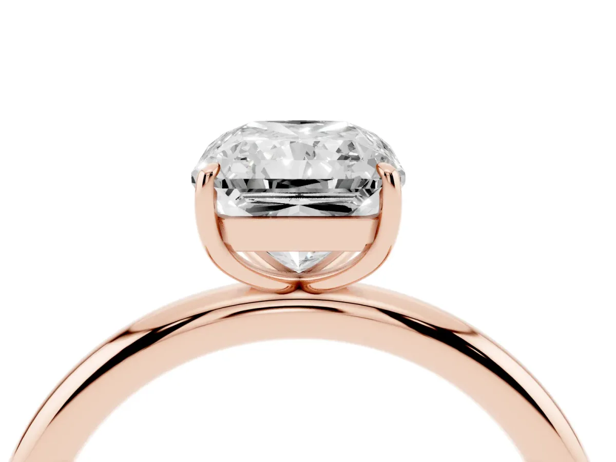 Radiant Cut Solitaire Diamond Ring with Four-Prong Setting on a Plain Band Rose gold