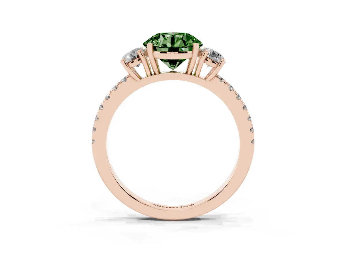 Fancy Green Three-Stone Round Cut Cut Diamond Pavé Band with Prong Setting Rose gold