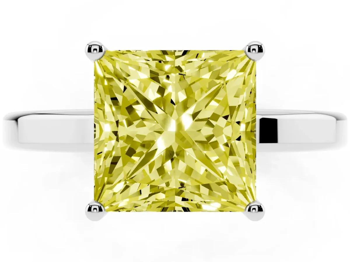 Fancy Yellow Princess Cut Cut Solitaire Engagement Ring with Four-Prong Setting on a Classic Band Platinum