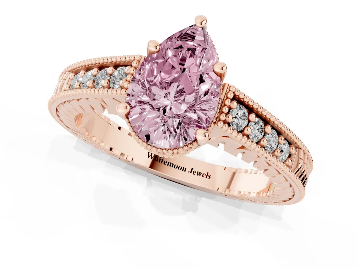 Fancy Pink Pear Cut Solitaire Pavé Diamond Milgrain Engagement Ring with Four-Prong Setting Rose gold