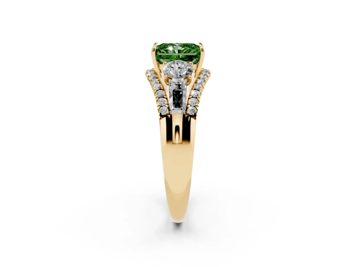 Fancy Green Three-Stone Radiant Cut Diamond Engagement Ring with Pave Band and Prong Setting Yellow gold