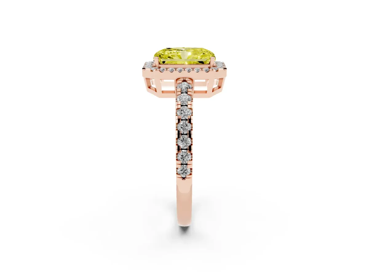 Fancy Yellow Radiant Cut Diamond Halo Ring with Pavé Band and Four-Prong Setting Rose gold