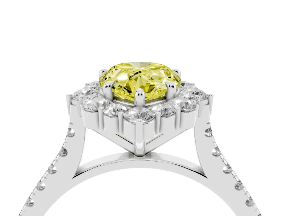 Fancy Yellow Pear Cut Halo Diamond Ring with Pavé Band and Prong Setting Silver