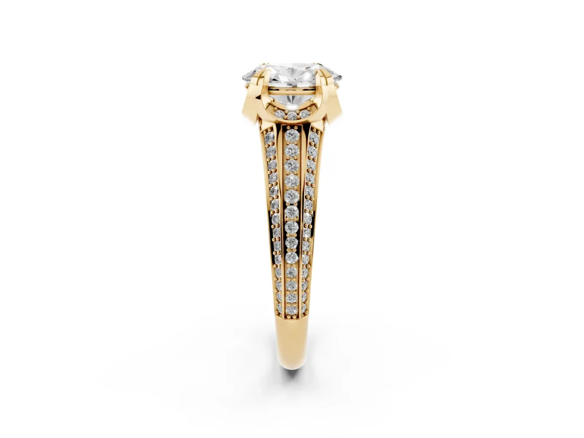 Oval Cut Solitaire Pave Split Shank Ring with Four-Prong Setting Yellow gold
