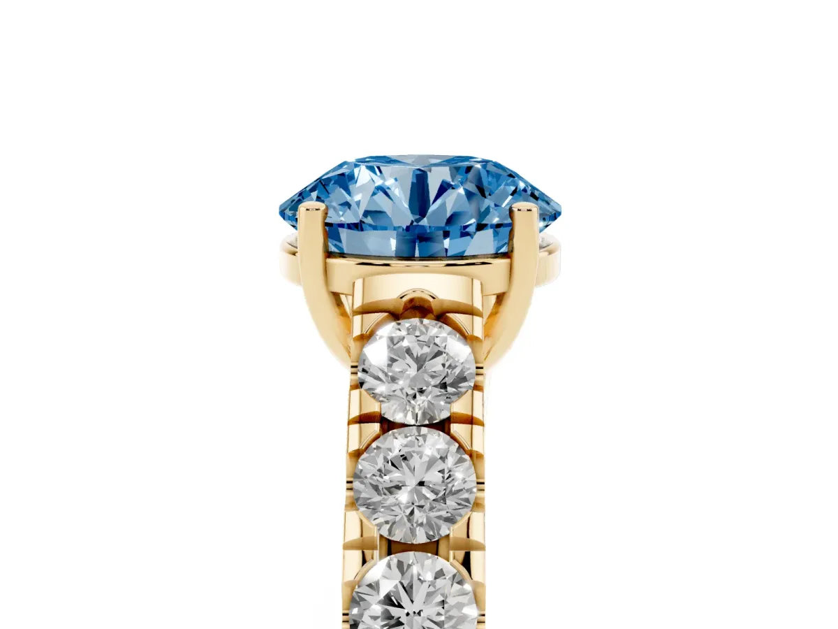 Fancy Blue Round Cut Cut Diamond Solitaire Ring with Micro Pave Band and Prong Setting Yellow gold