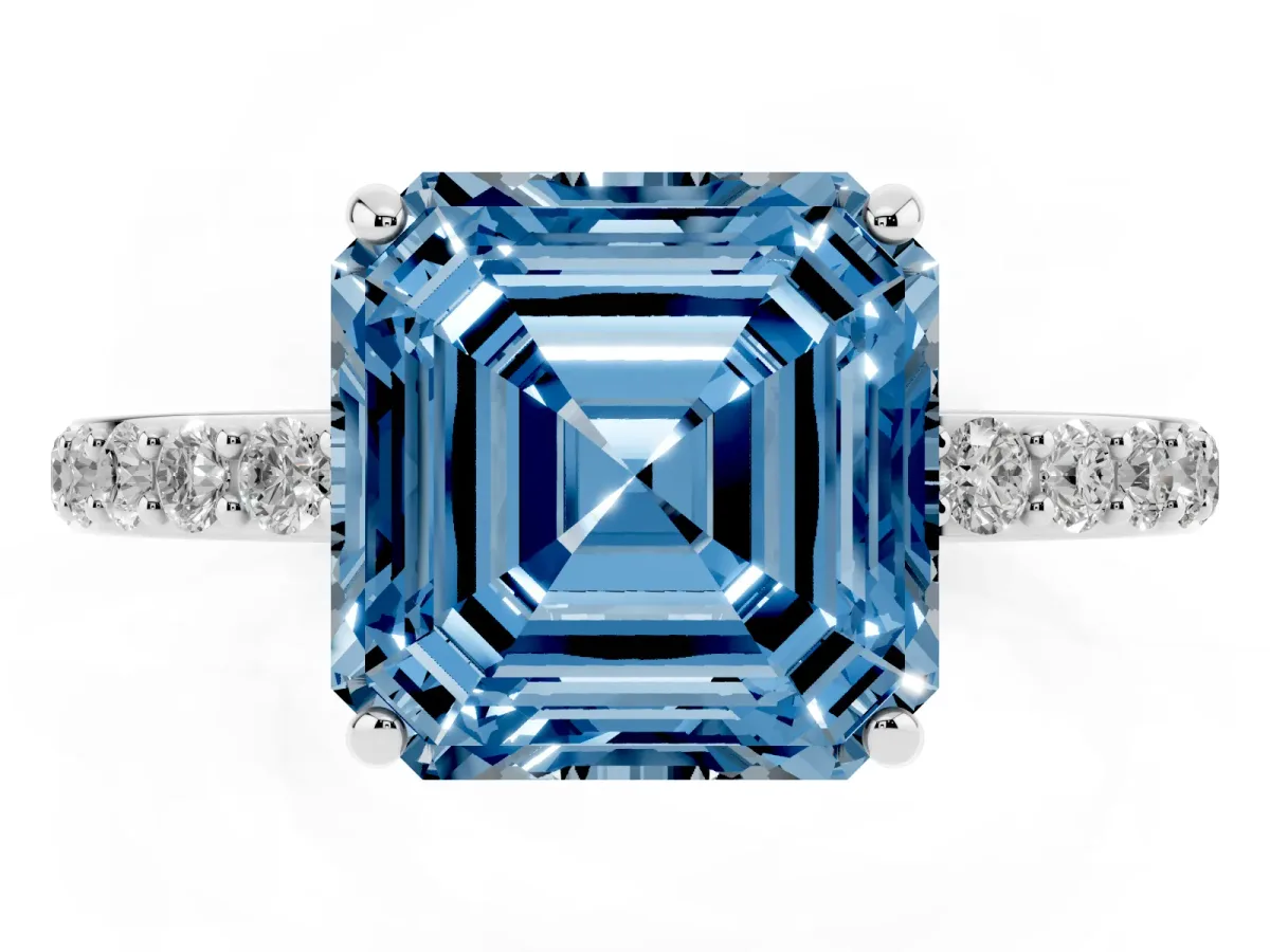 Fancy Blue Asscher Cut Diamond Solitaire Ring with Round Pavé Shoulders and Prong Setting Platinum