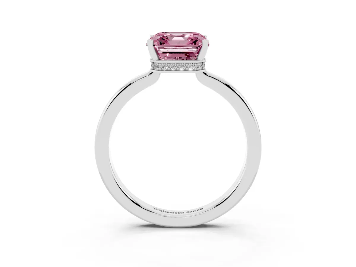 Fancy Pink Asscher Cut Cut Solitaire Engagement Ring with Four-Prong Setting on a Classic Band Silver