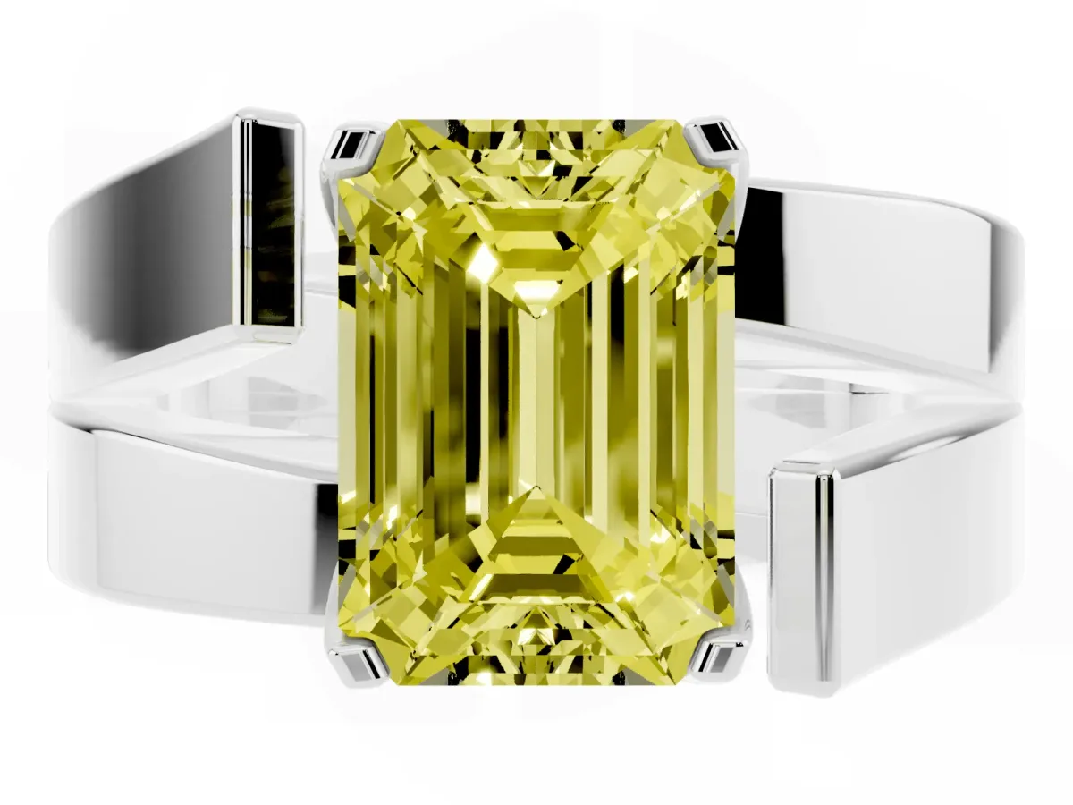 Fancy Yellow Modern Tension Set Emerald Cut Diamond Solitaire Wide Band Ring Silver