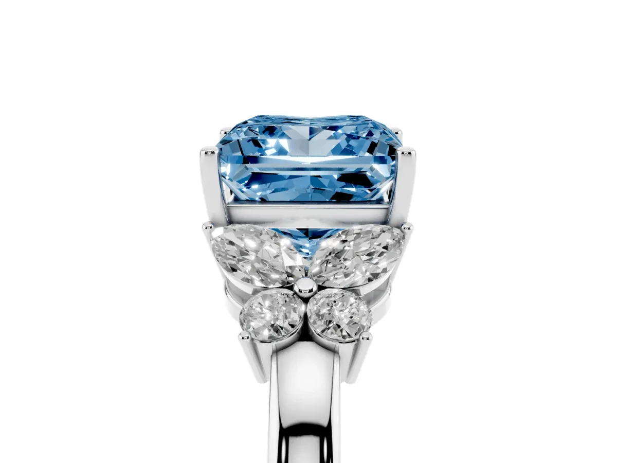 Fancy Blue Princess Cut Cut Solitaire Floral Diamond Ring with Four-Prong Setting Silver