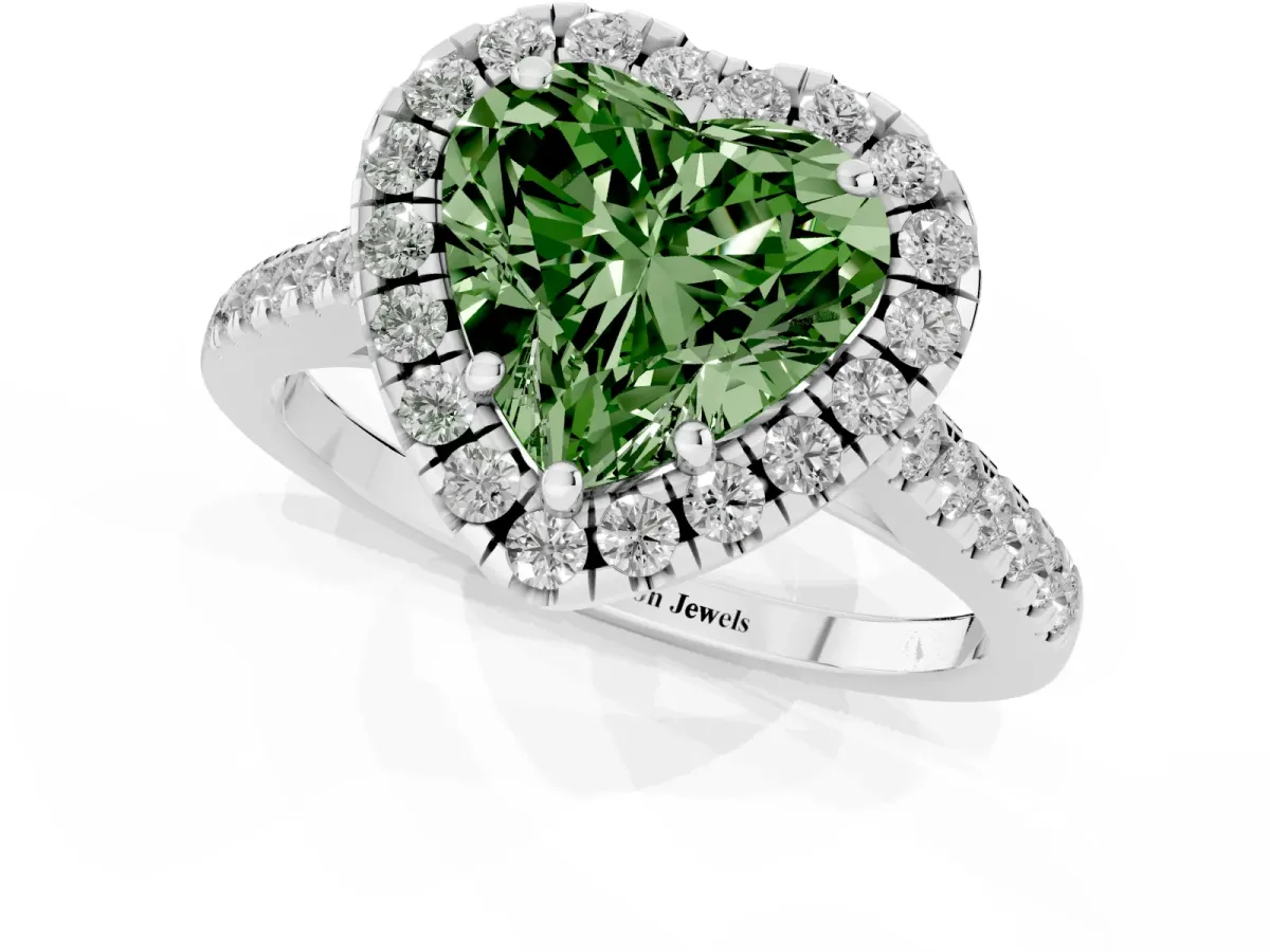 Fancy Green Heart Cut Halo Pavé Diamond Engagement Ring with Four-Prong Setting Silver