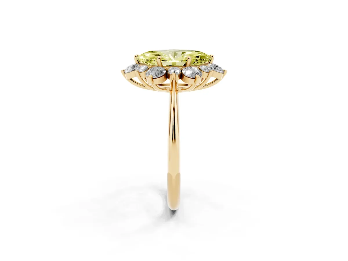 Fancy Yellow Marquise Cut Diamond Cluster Halo Ring with Solitaire Band and Four-Prong Setting Yellow gold
