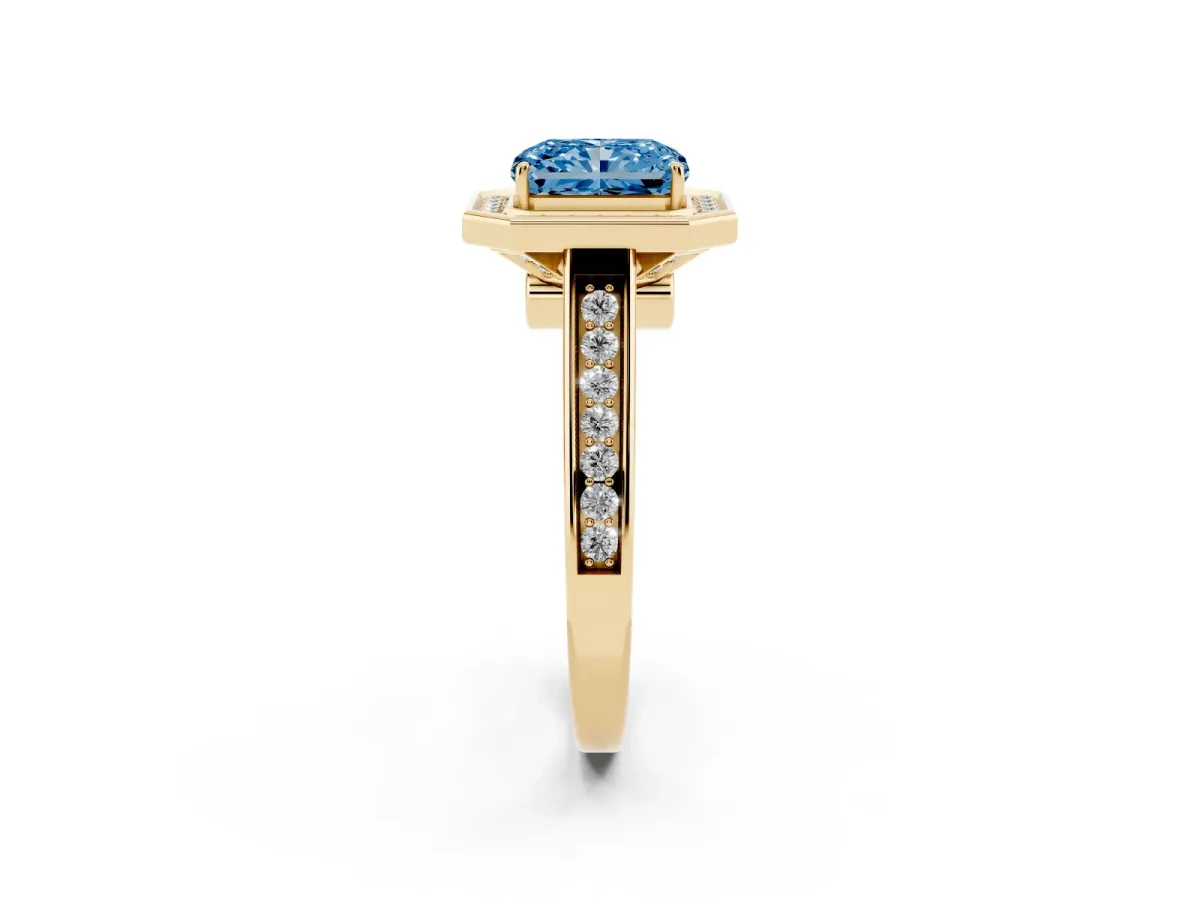 Fancy Blue Emerald Cut Halo Solitaire Diamond Ring with Pave Band and Bezel Setting Yellow gold