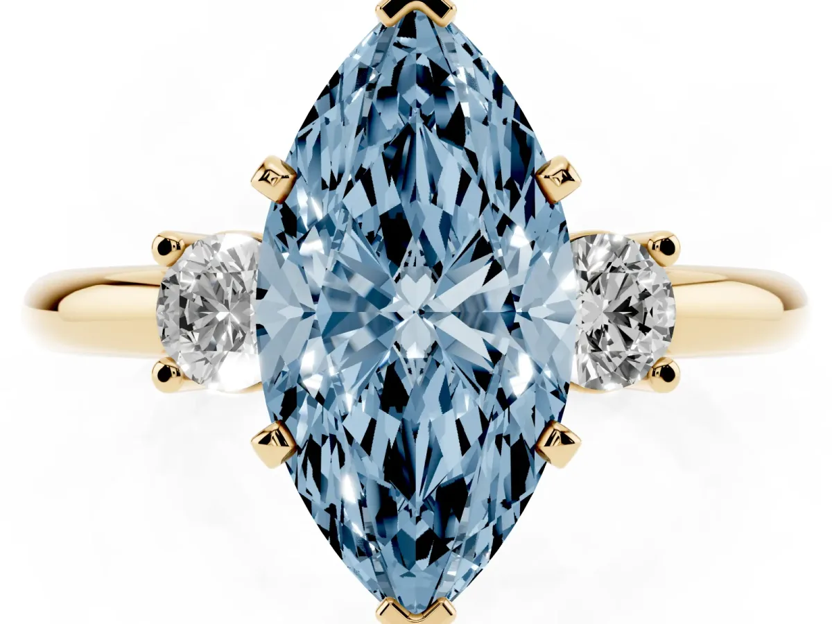 Fancy Blue Three-Stone Marquise Cut Cut Diamond Solitaire with Prong Setting and Classic Band Yellow gold