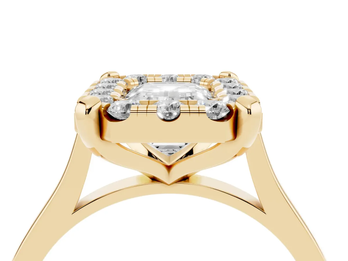 Emerald Cut Diamond Cluster Halo Solitaire with Four-Prong Setting Yellow gold