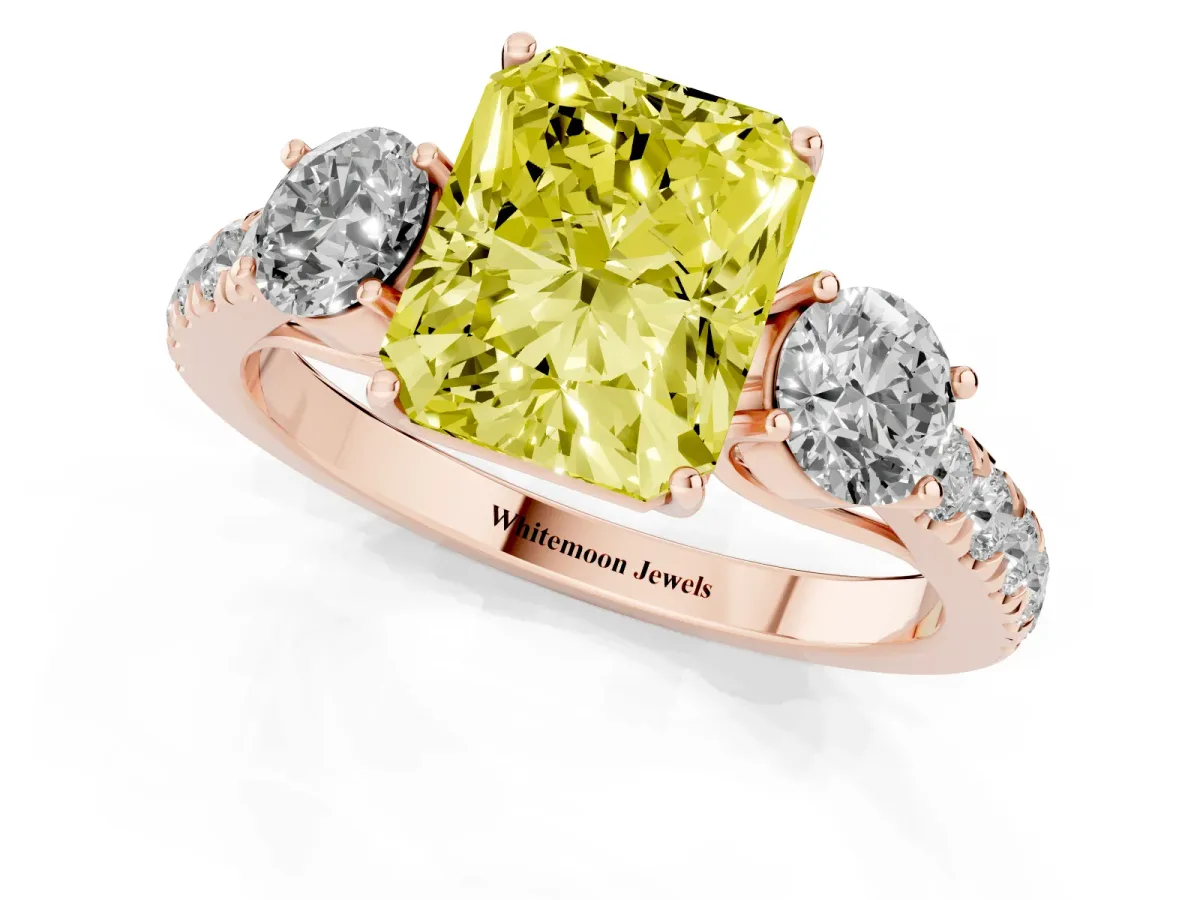 Fancy Yellow Radiant Cut Cut Diamond Three-Stone Ring with Round Side Stones and Pavé Band Rose gold
