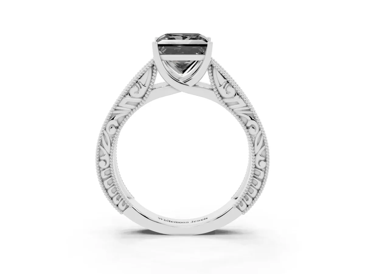 Fancy Black Princess Cut Diamond Solitaire Ring with Engraved Band and Four-Prong Setting Silver