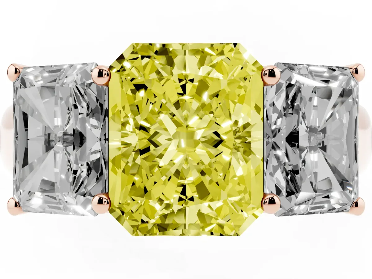 Fancy Yellow Radiant Cut Three-Stone Diamond Ring with Prong Setting on a Classic Band Rose gold
