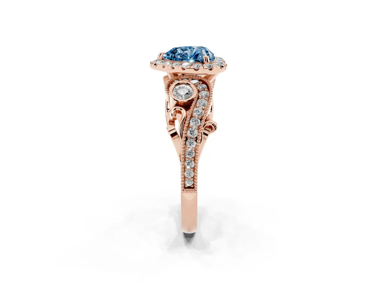 Fancy Blue Heart Cut Diamond Halo Ring with Milgrain Pavé Band and Four-Prong Setting Rose gold