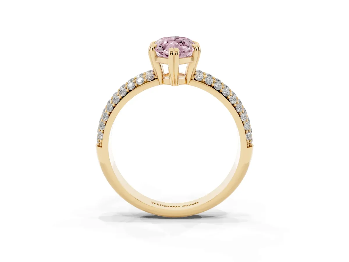 Fancy Pink Marquise Cut Diamond Solitaire Ring with Multi-Row Round Pavé Band and Prong Setting Yellow gold