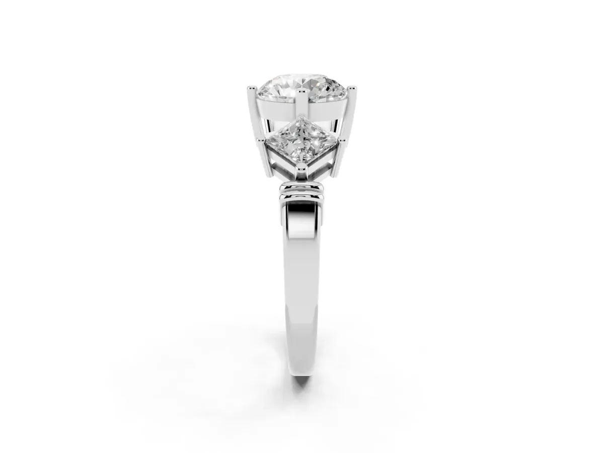Three-Stone Round Cut and Princess Cut Diamond Ring with Channel Band and Four-Prong Setting White gold