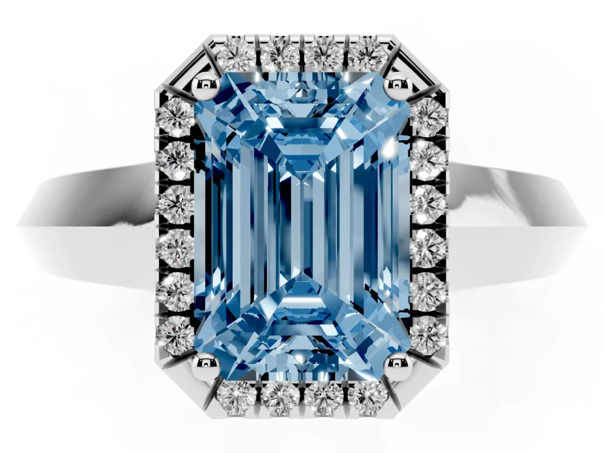 Fancy Blue Emerald Cut Halo Diamond Ring with Cathedral Band and Four-Prong Setting Silver