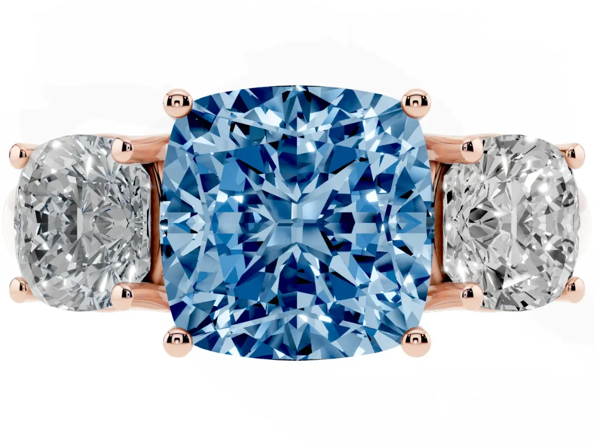 Fancy Blue Three-Stone Cushion Cut Diamond Engagement Ring with Prong Setting Rose gold