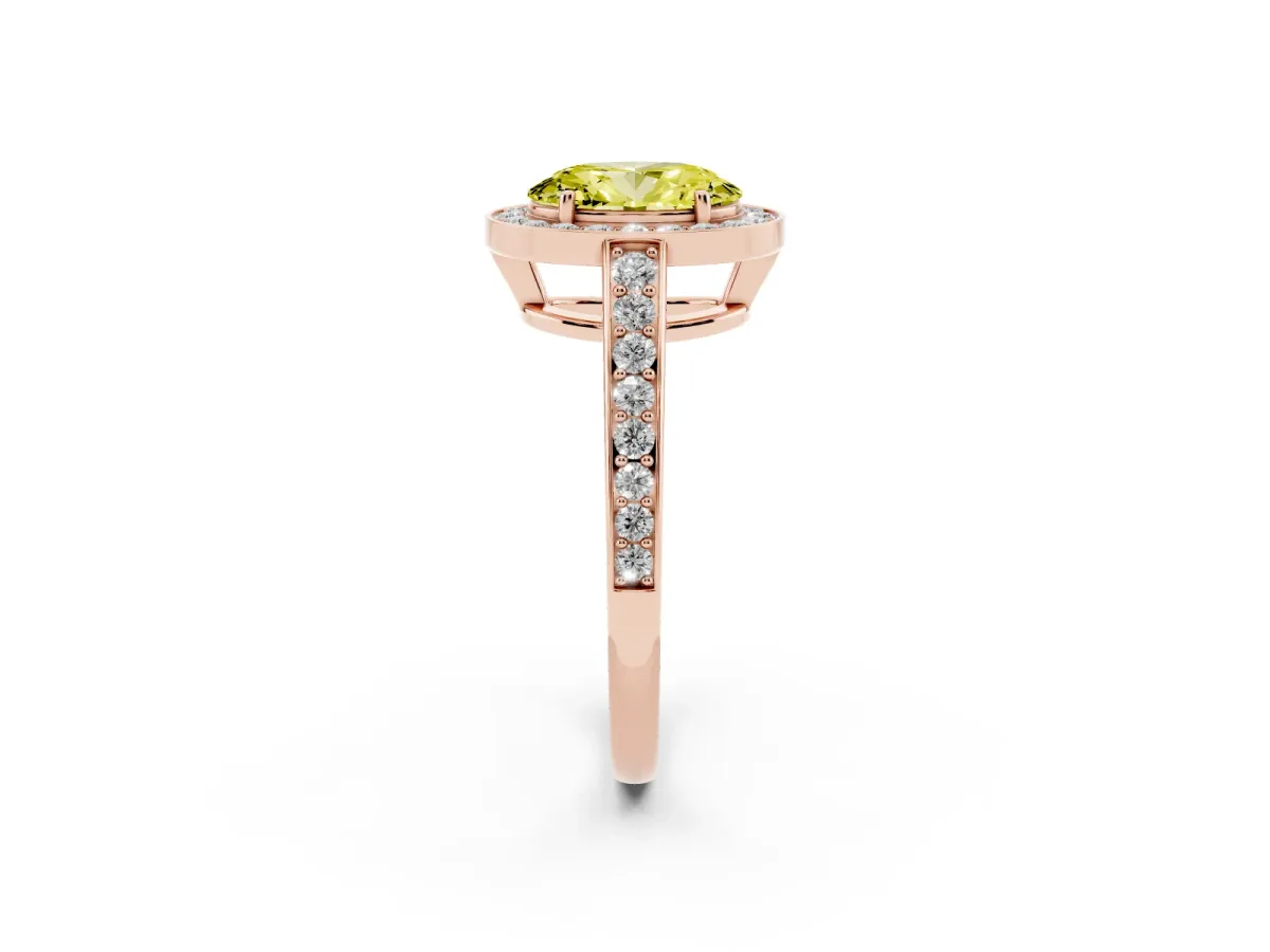 Fancy Yellow Oval Cut Halo Pavé Diamond Engagement Ring with Bezel Setting Rose gold