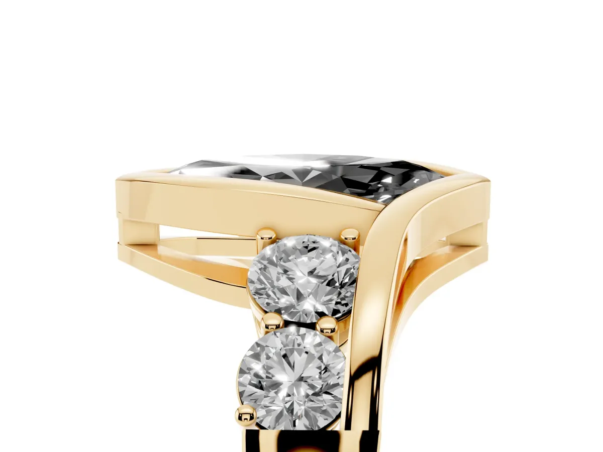 Fancy Black Bezel Set Marquise Cut Diamond Bypass Ring with Round Accents Yellow gold