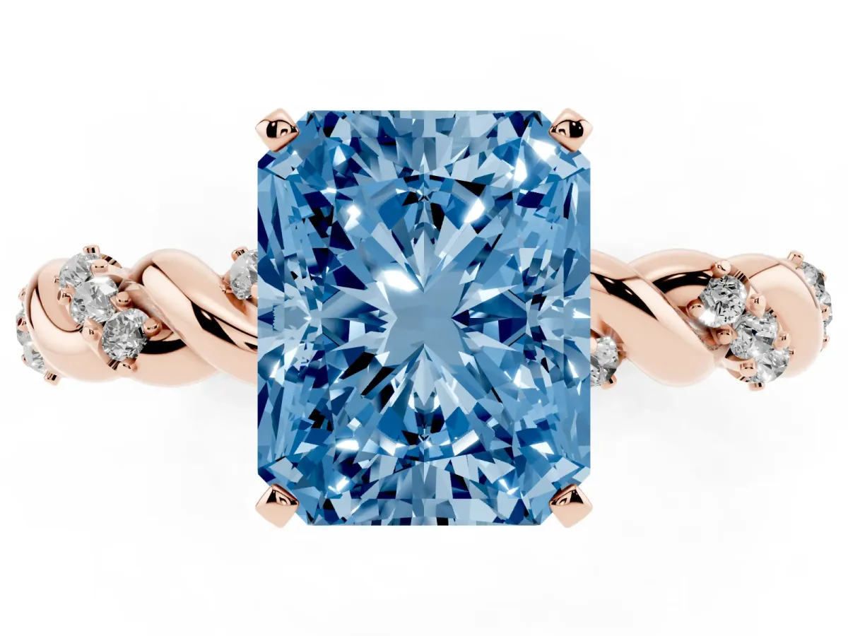 Fancy Blue Radiant Cut Diamond Solitaire Ring with Twisted Band and Pavé Accents Rose gold