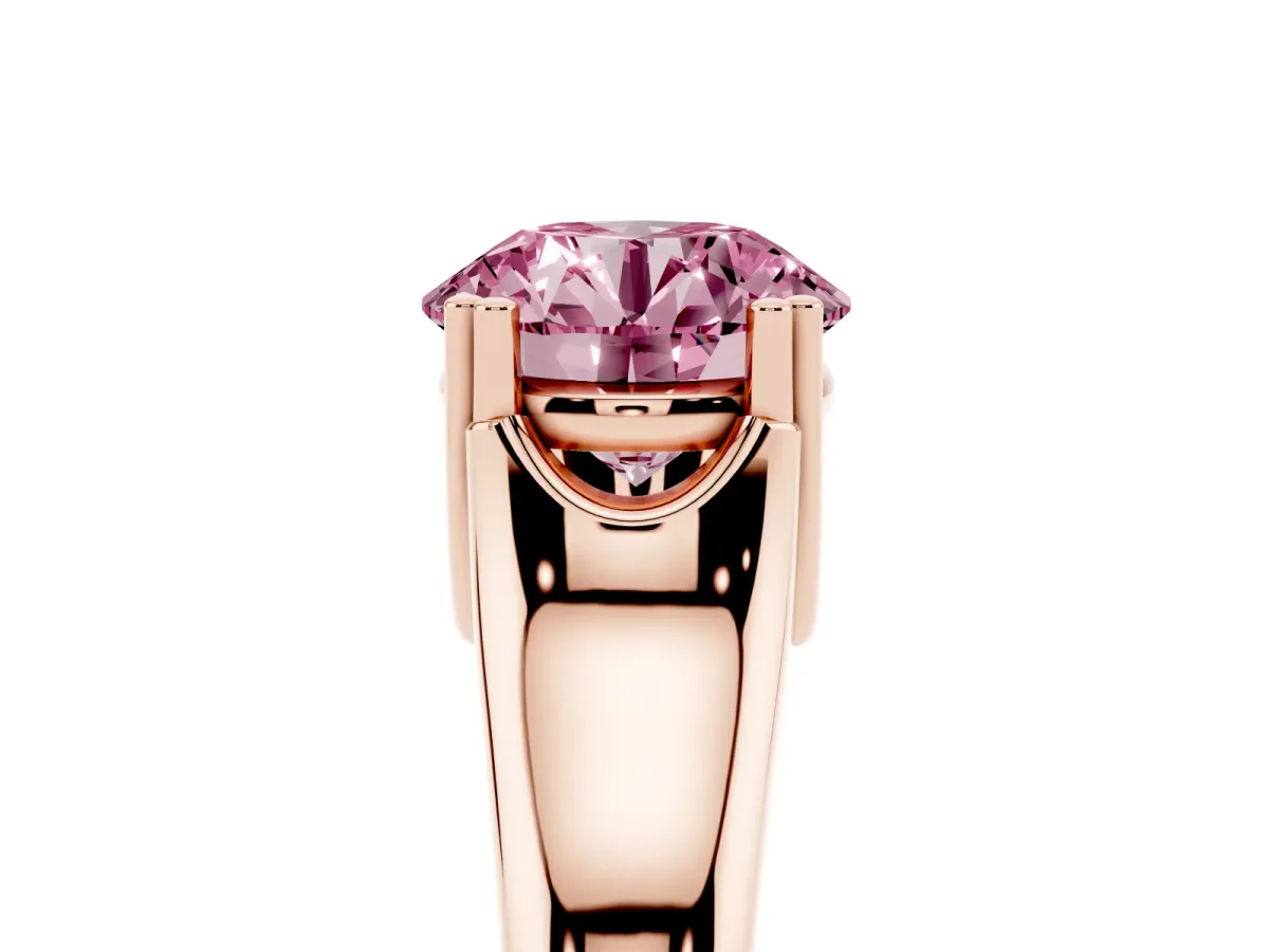 Fancy Pink Round Cut Diamond Solitaire Ring with Wide Band and Prong Setting Rose gold