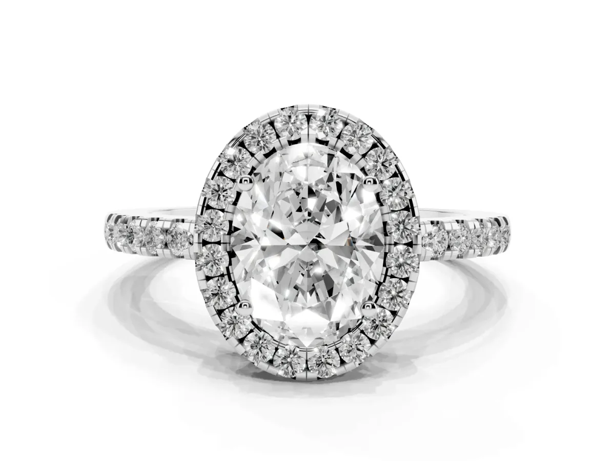 Oval Cut Halo Diamond Engagement Ring with Pavé Band and Four-Prong Setting Silver