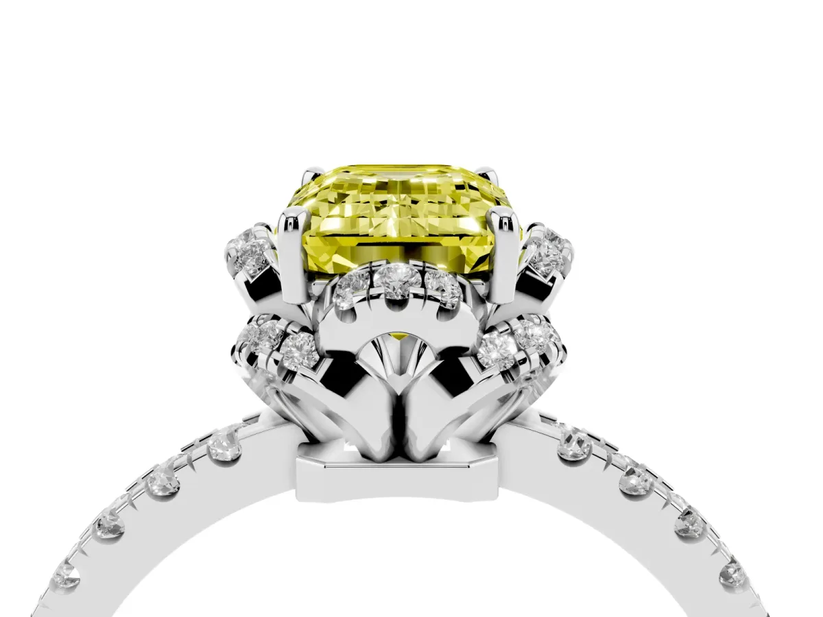 Fancy Yellow Emerald Cut Halo Diamond Pave Band Ring with Four-Prong Setting Silver