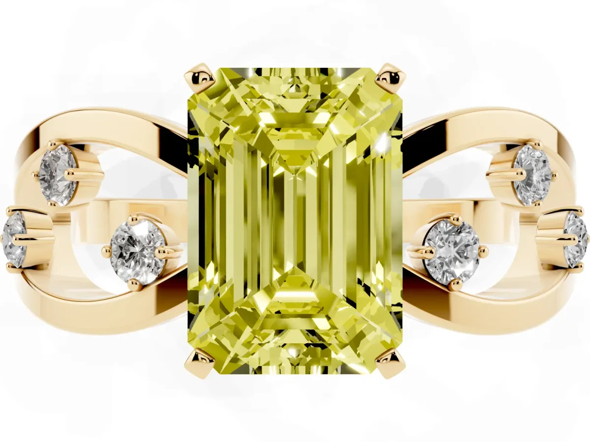 Fancy Yellow Emerald Cut Cut Solitaire Diamond with Side Stones on Criss-Cross Band and Four-Prong Setting Yellow gold