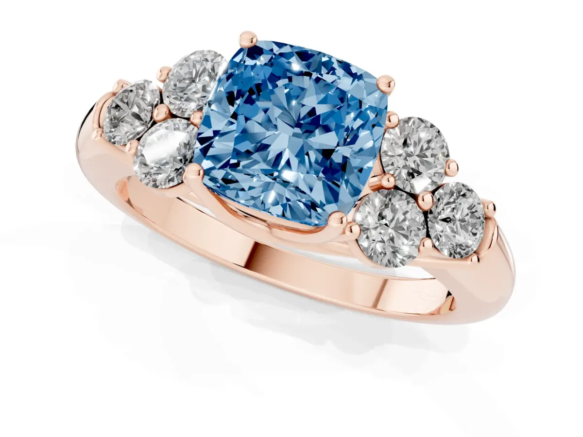 Fancy Blue Cushion Cut Cut Diamond Cluster Ring with Round Accent Stones and Prong Setting on a Classic Band Rose gold