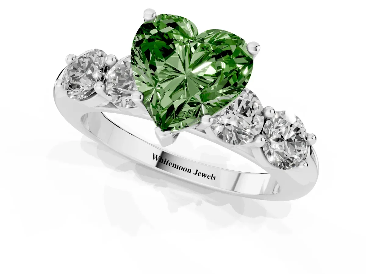 Fancy Green Heart Cut Cut Five-Stone Prong Set Diamond Ring with Classic Band Platinum