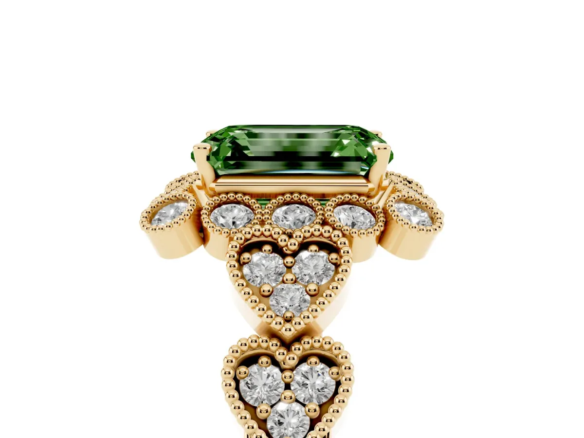 Fancy Green Emerald Cut Brilliant Milgrain Pave Heart Band Solitaire Ring Yellow gold