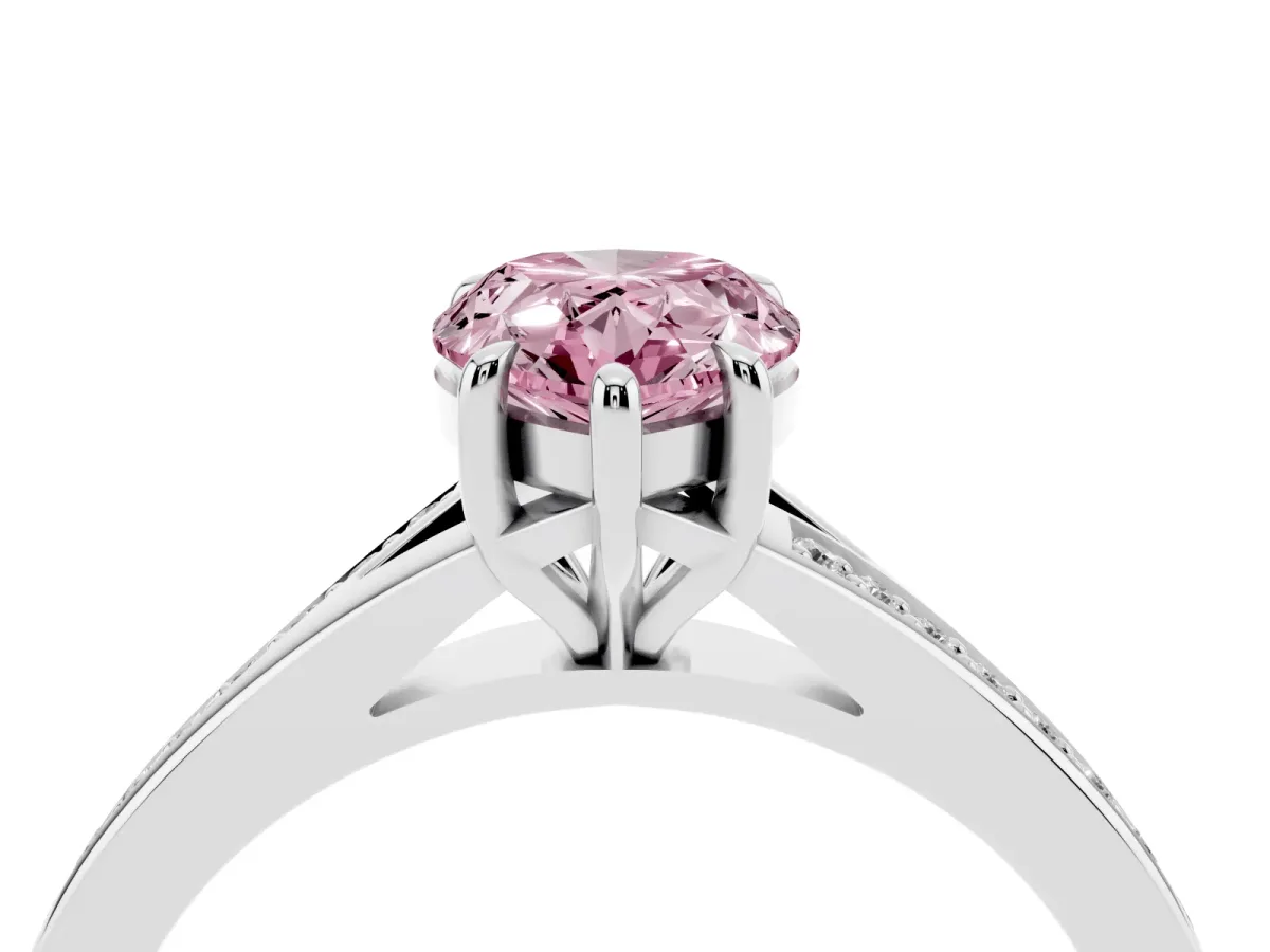 Fancy Pink Pear Cut Diamond Solitaire Ring with Pavé Band and Prong Setting Silver
