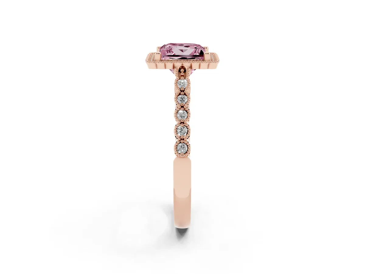 Fancy Pink Princess Cut Cut Halo Pavé Solitaire Ring with Milgrain Band Rose gold