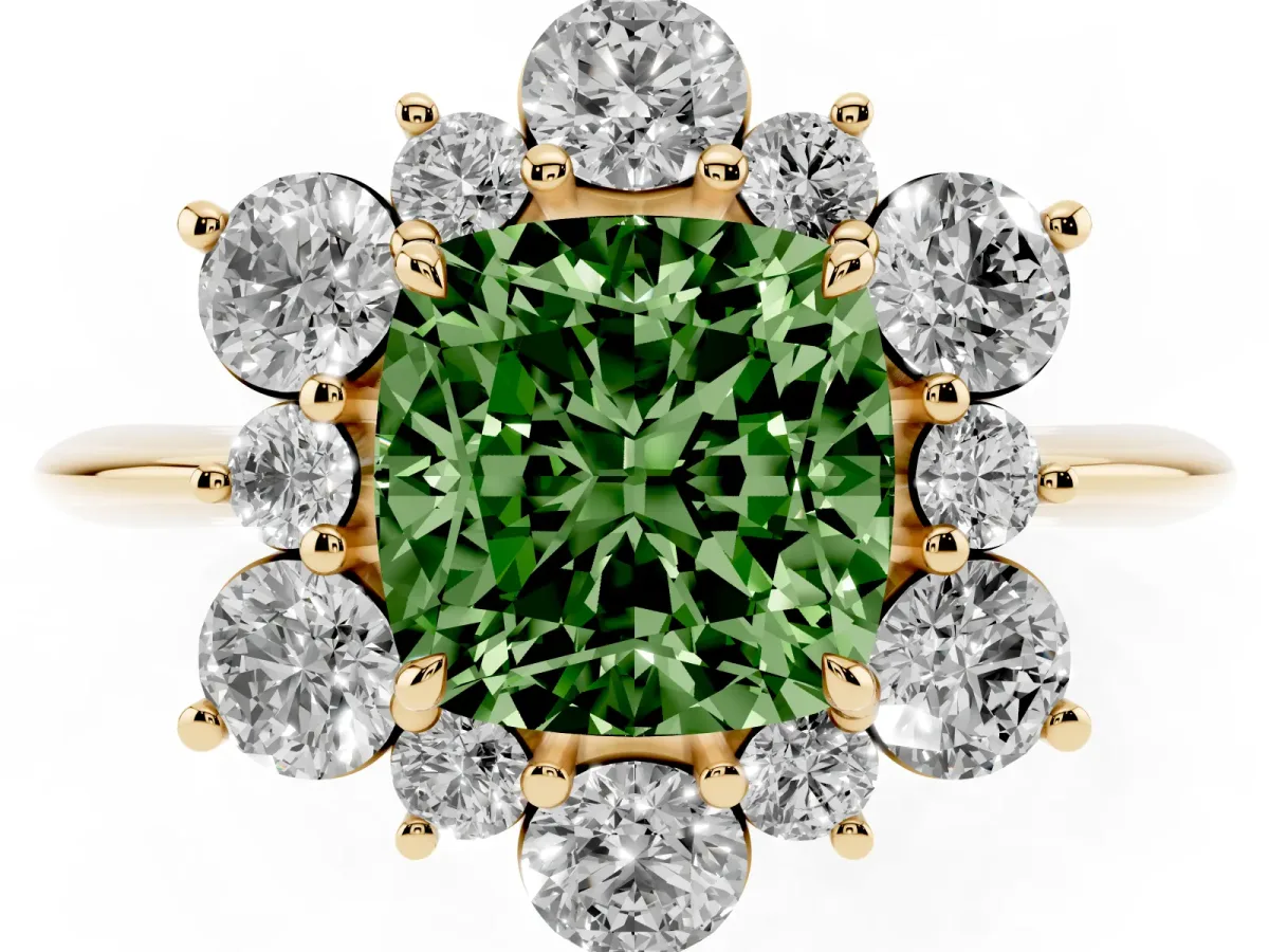 Fancy Green Cushion Cut Diamond Cluster Halo Ring with Solitaire Band and Four-Prong Setting Yellow gold