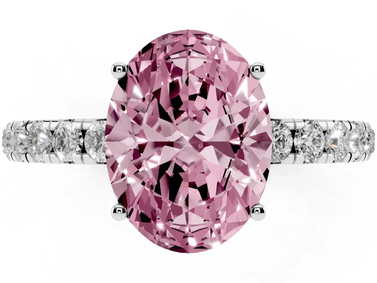 Fancy Pink Oval Cut Diamond Pavé Solitaire Engagement Ring with Four-Prong Setting Platinum