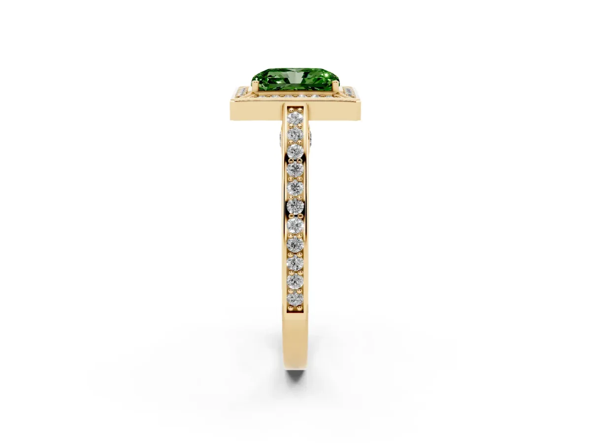 Fancy Green Radiant Cut Cut Halo Pave Split Shank Prong Setting Ring Yellow gold