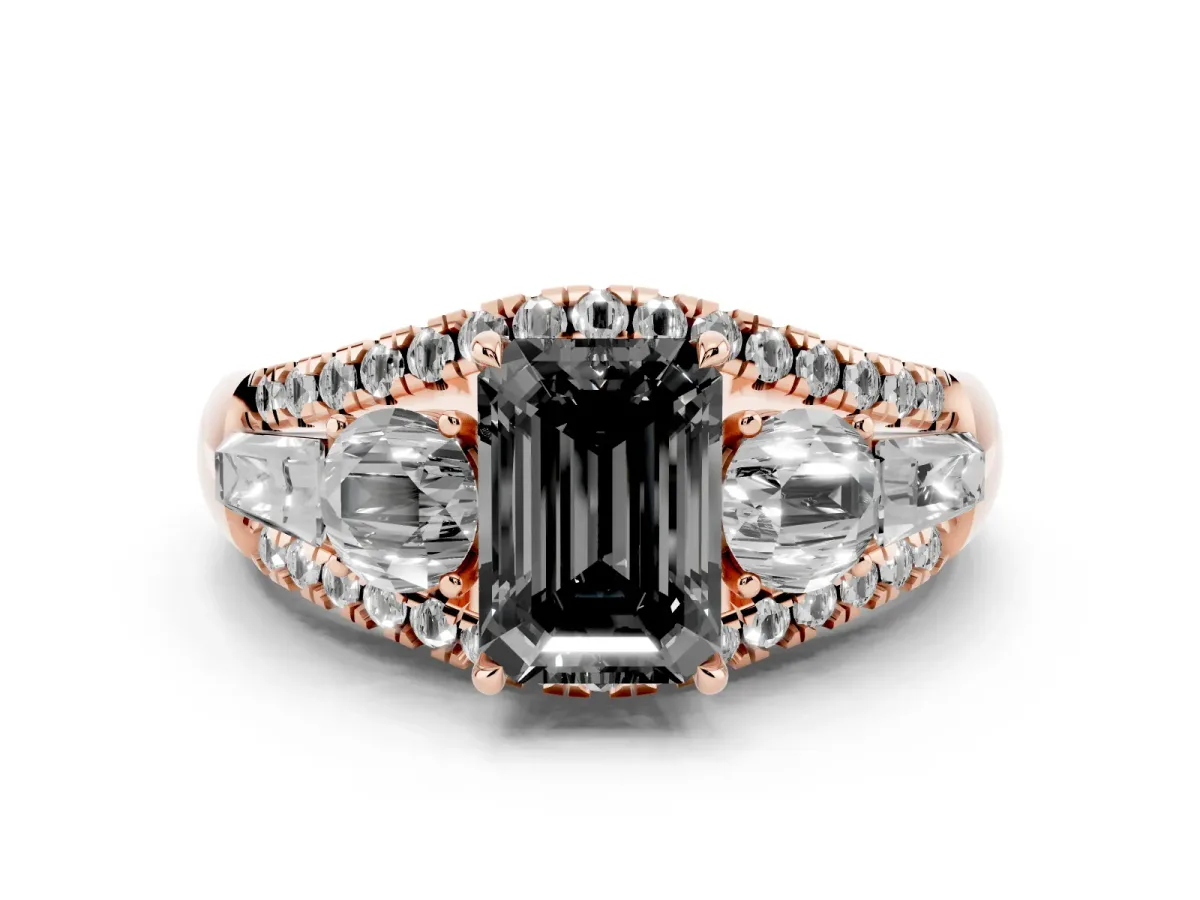 Fancy Black Three-Stone Emerald Cut Diamond Engagement Ring with Pave Band and Prong Setting Rose gold