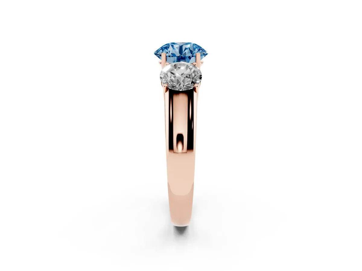 Fancy Blue Three-Stone Round Cut Cut Diamond Ring with Prong Setting and Classic Band Rose gold