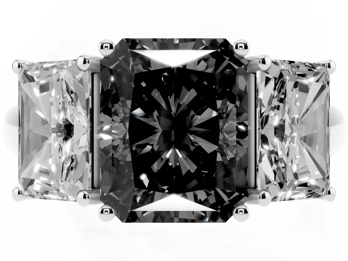 Fancy Black Three-Stone Radiant Cut Diamond Engagement Ring with Prong Setting Silver