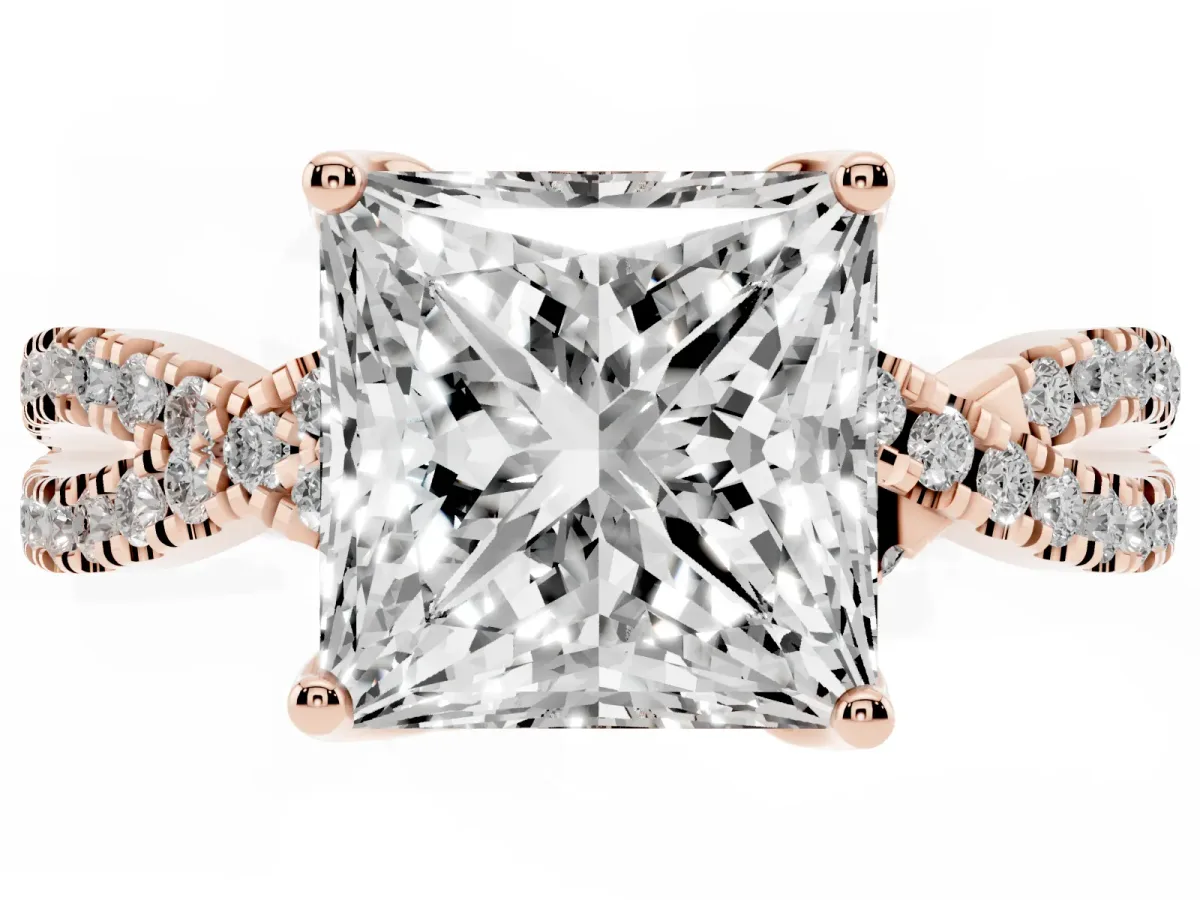 Princess Cut Solitaire Twist Pave Diamond Engagement Ring with Prong Setting Rose gold