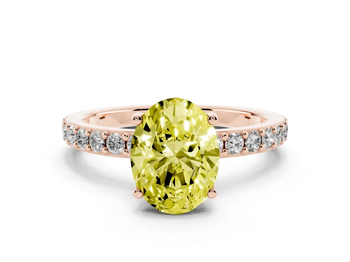 Fancy Yellow Oval Cut Cut Diamond Solitaire with Pave Band and Four-Prong Setting Rose gold