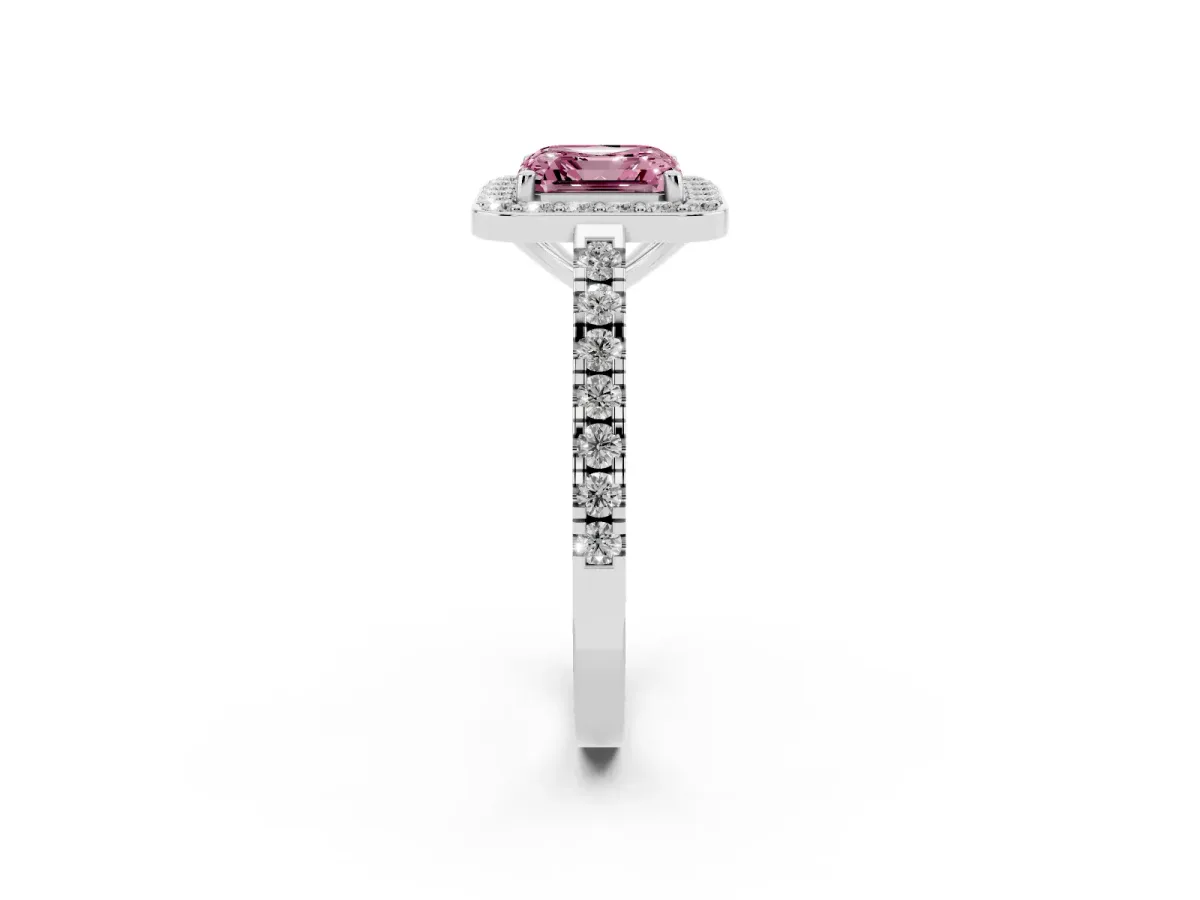 Fancy Pink Asscher Cut Diamond Halo Ring with Round Pavé Split Shank and Prong Setting Silver